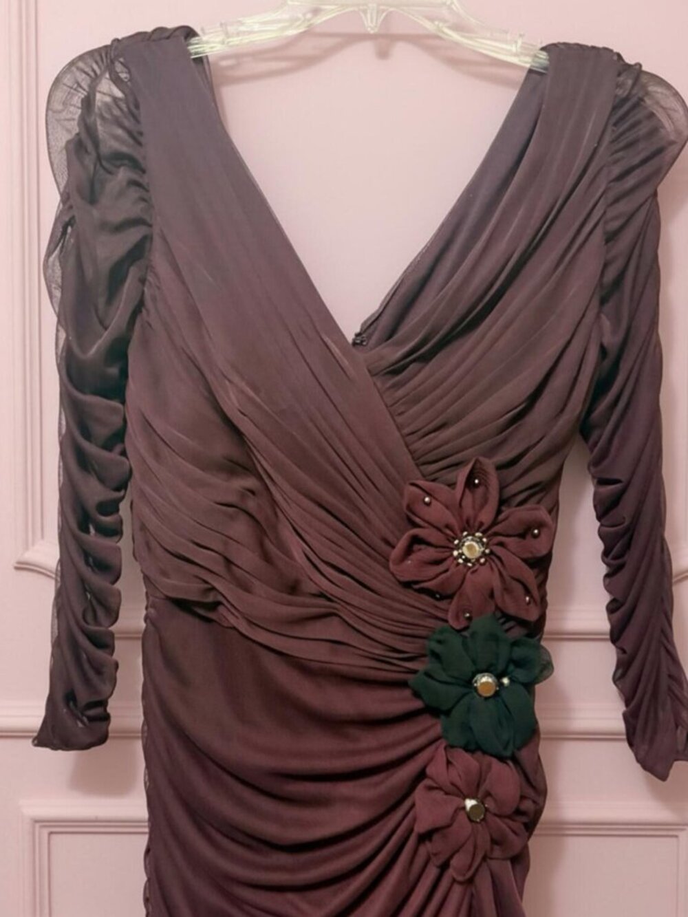 Adrianna Papell Purple Beaded Mesh Ruched Waist Evening Gown Women's Size 4 - Picture 1 of 16